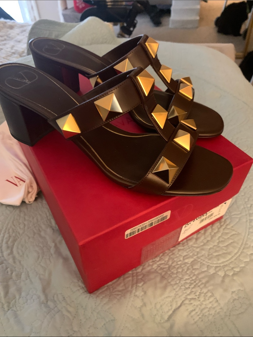 Valentino Garavani Brown Leather Slide Sandals with Gold Studs